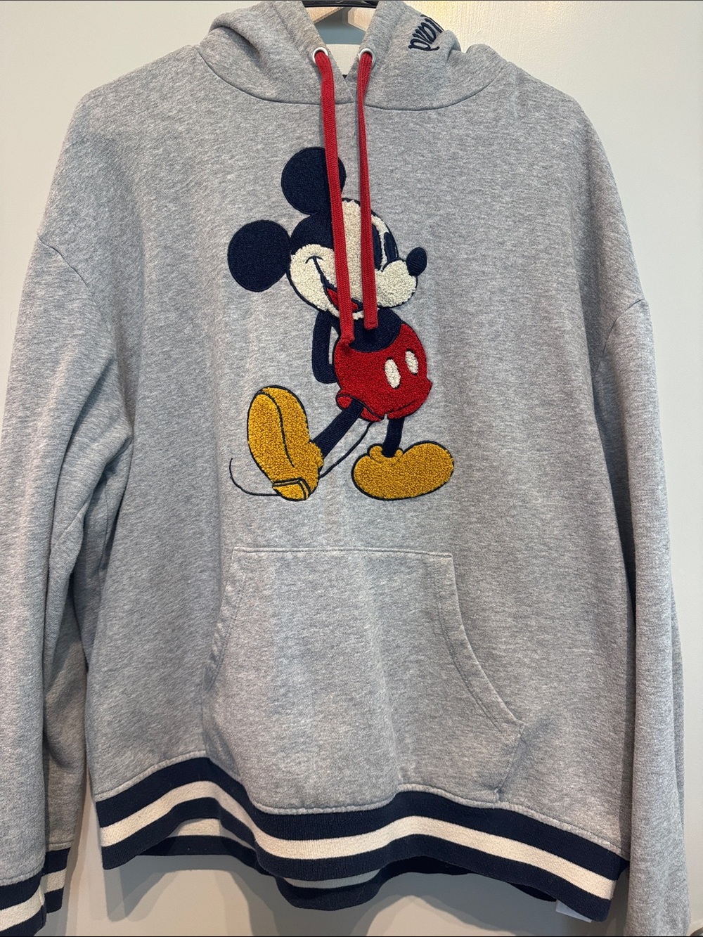Disney Gray Hoodie with Embroidered Mickey and Red Drawstrings